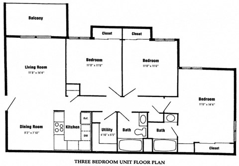 Floor plan for 3 beds, 2 baths, 1033 sqft